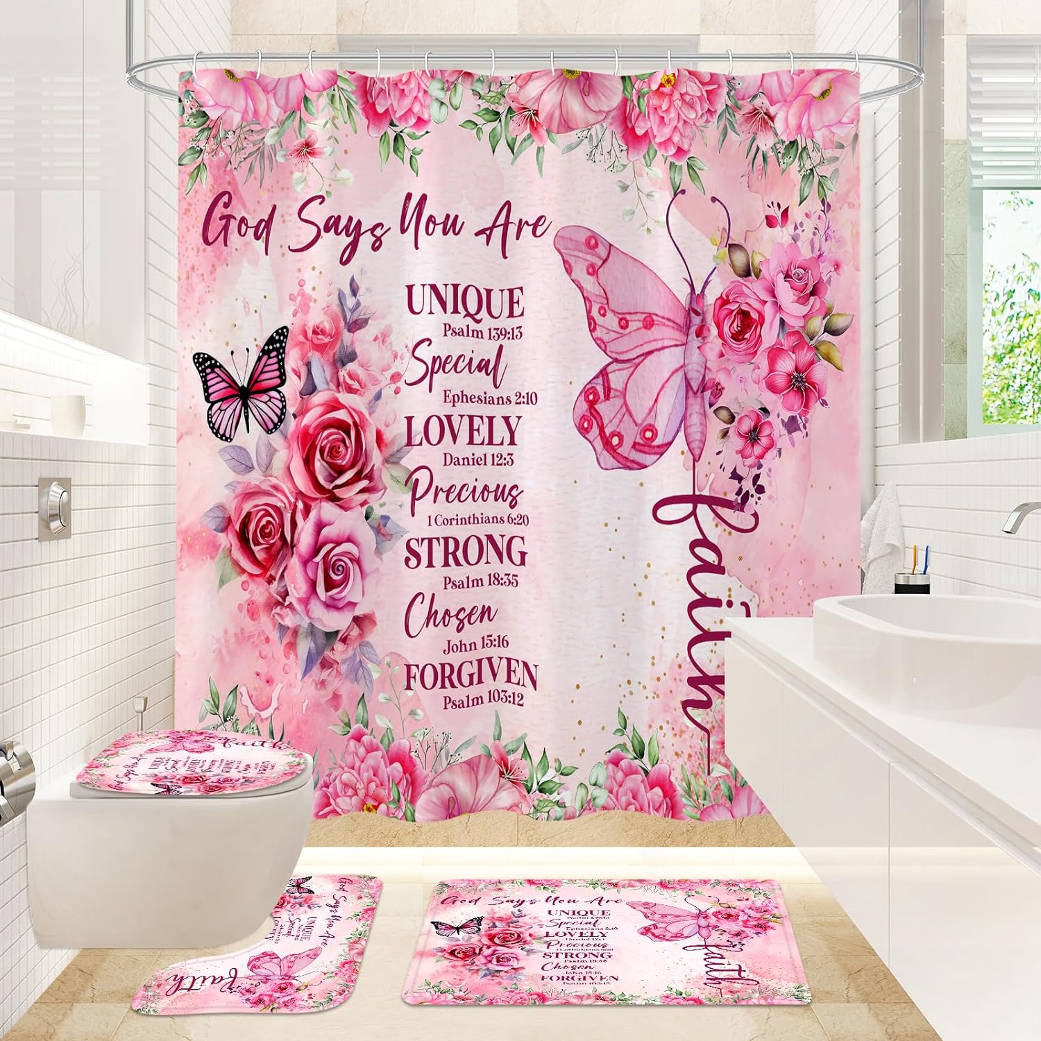 4 Pcs Inspirational Quotes Butterfly Shower Curtain Set with Rugs and Toilet Lid Cover, God Says You are Bathroom Set, Encouraging Bible Verses Floral Pink Bathroom Decor Set Accessories